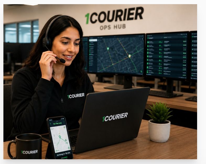 1Courier dispatcher in headset at the Ops Hub, dispatch boards and live map behind her